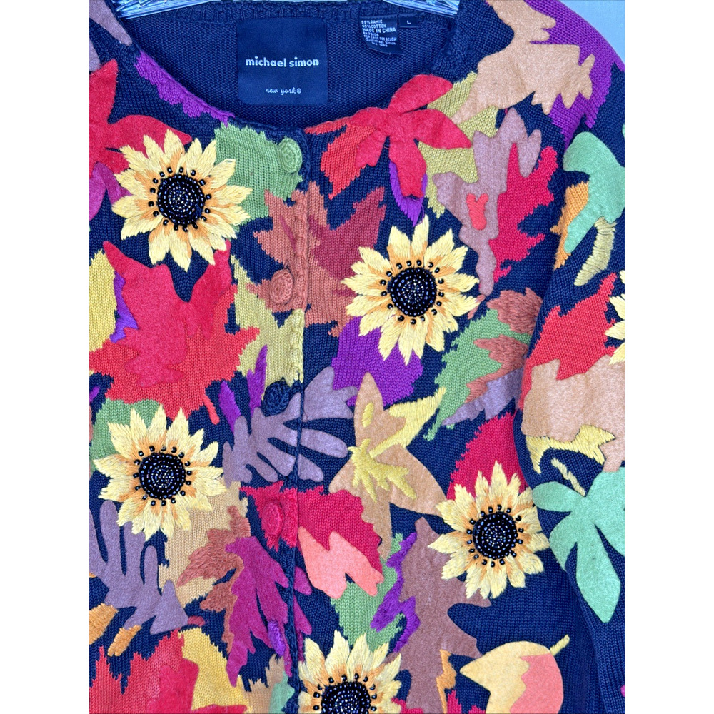 VTG Michael Simon L Embroidered Sunflower Sweater Cardigan Fall Autumn Halloween - Picture 3 of 11